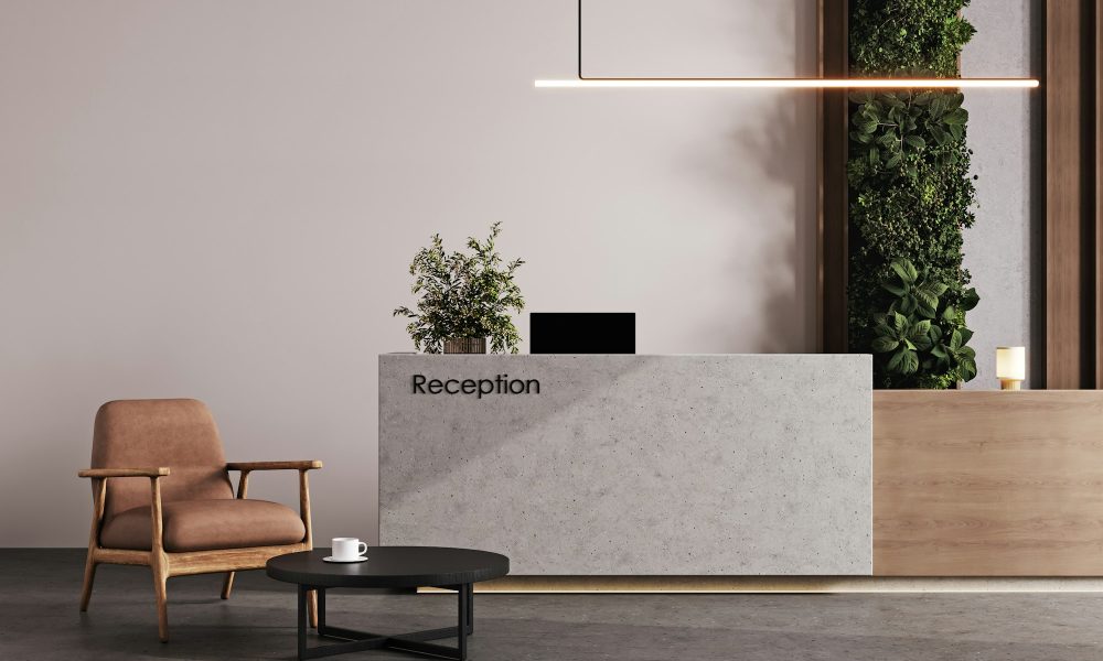Modern hall interior with reception desk in hotel with wood panel and moss wall